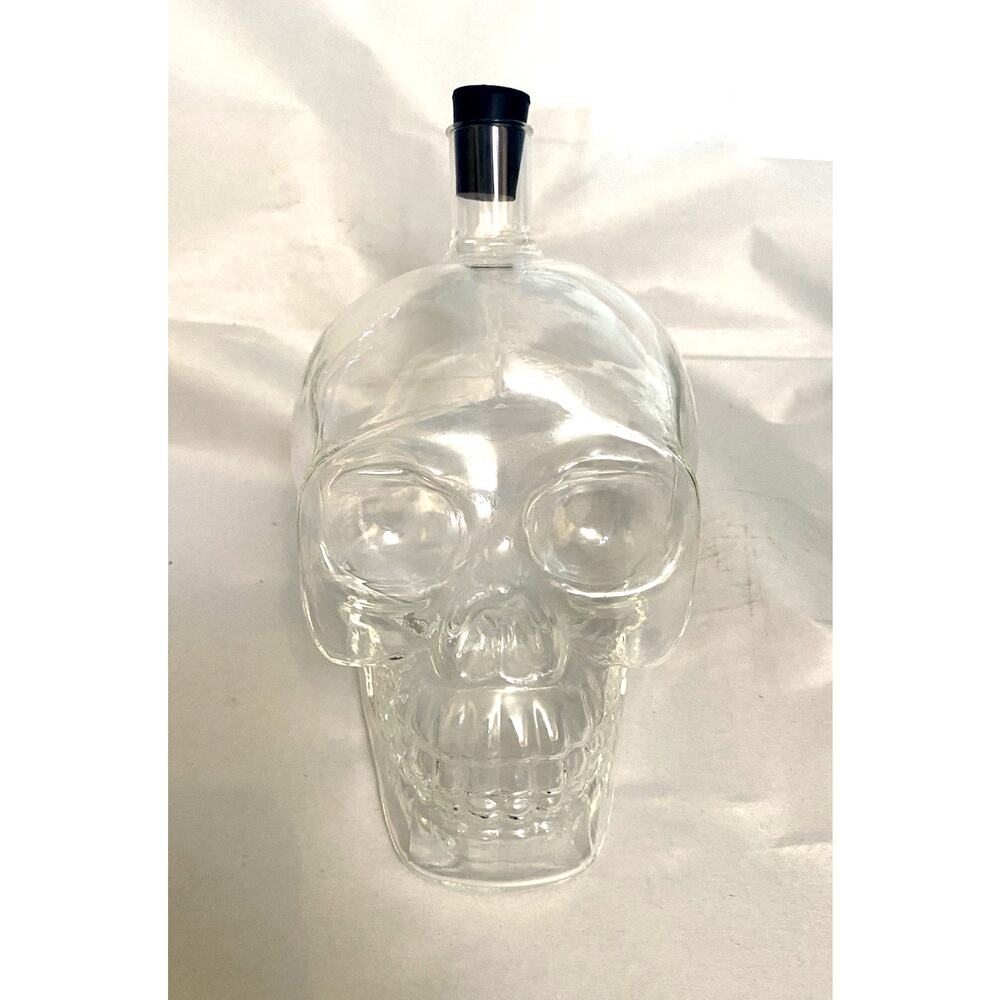 Glass Skull Head Whiskey Vodka Decanter Bottle 2 Stoppers 6.5"T X 4.5"W X 6"D